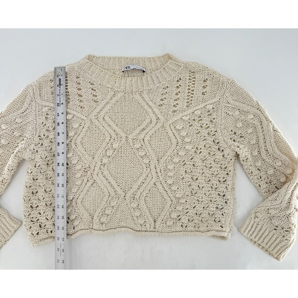Zara Knit Cropped Sweater Small Cream Pom Pom Open Knit Boho Chic Pullover - Picture 10 of 11